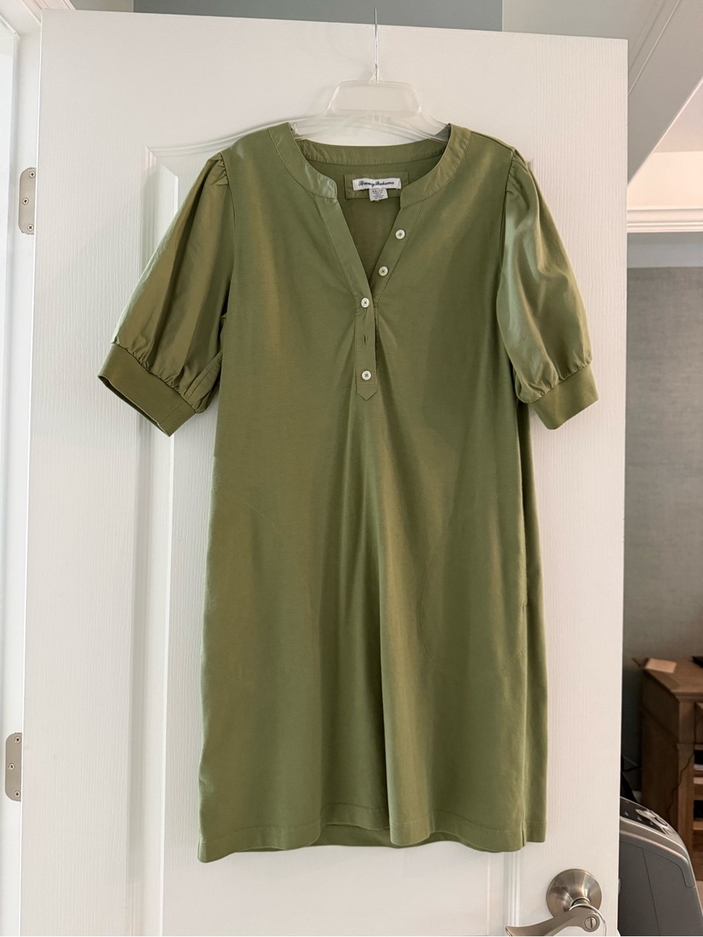 Tommy Bahama Olive Green Puff-Sleeve Henley Midi Dress
